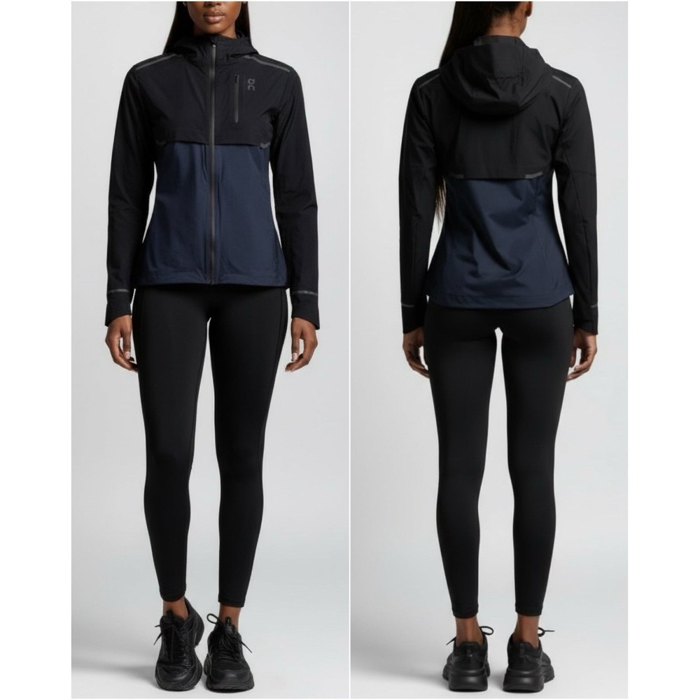 On Running Weather Jacket Womens Medium Black Navy Hooded Waterproof Jacket